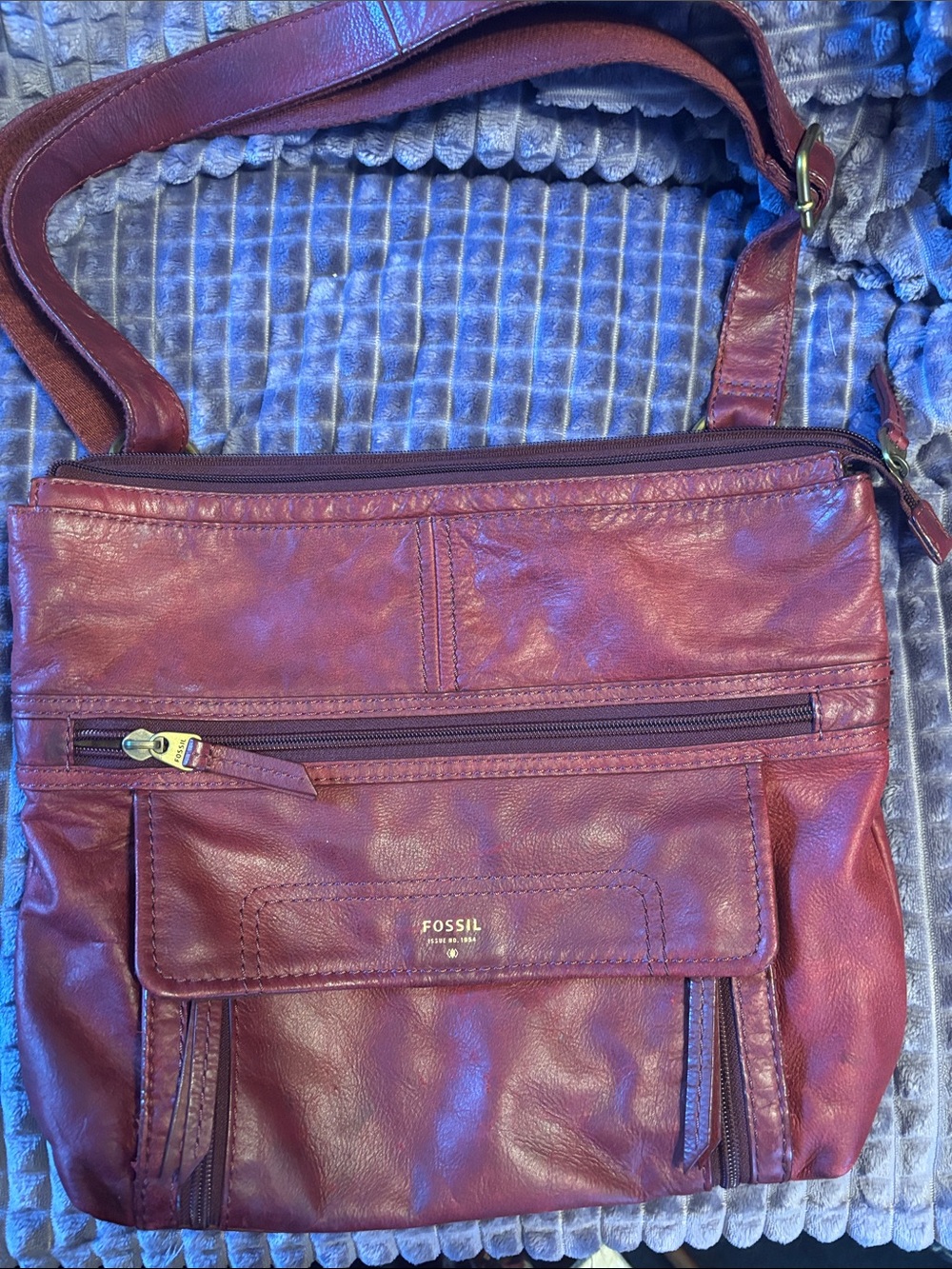 Fossil Wine Leather Crossbody Bag with Gold Hardware.